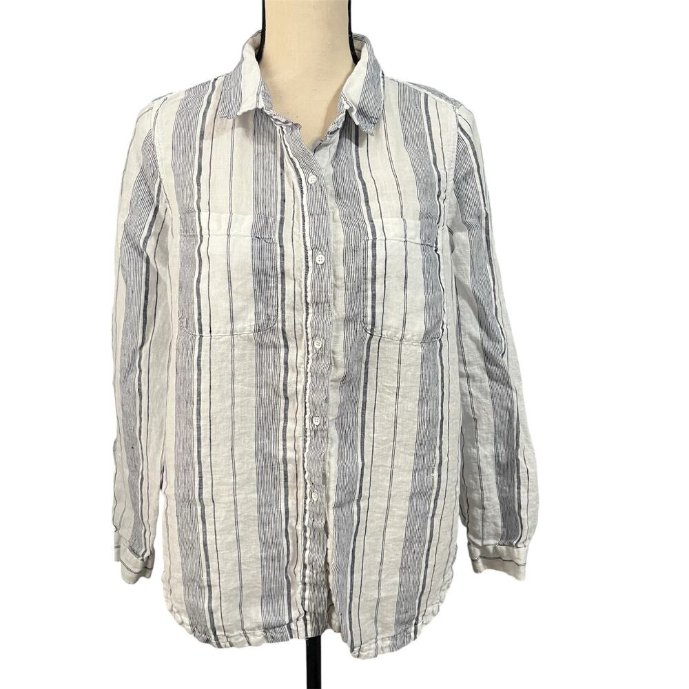 Athleta Women's 100% Linen Navy White Striped Beachy Peninsula Tunic Top Sz M